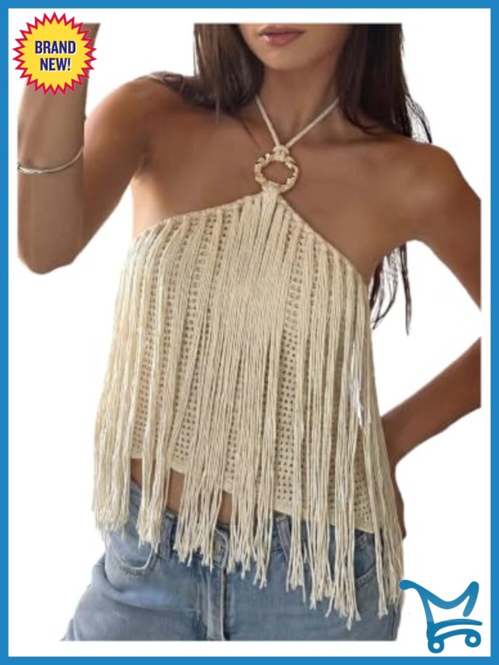 Fringe Halter Crop Top Open Knit Sleeveless Concert Festival